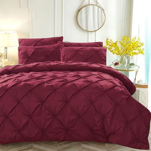 Luofanfei Plissee Bettwäsche Rot 220x240 Pintuck Pinch Plisseefalten Einfarbig Weinrote Bettwäsche Set Quetschfalten Microfaser Gedruckt Bettbezug 240x220 Einzelbett mit Reißverschluss von Luofanfei