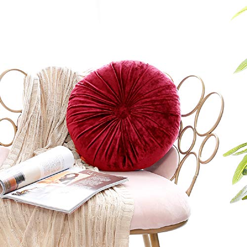 Luofanfei Samtkissen Rund 40x40 cm Wunderschönes Kissen 2er Sofakissen- Set Zierkissen Couchkissen Samt Gefühl Plissiert mit Eleganter Knopfraffung Dekokissen Weinrot von Luofanfei