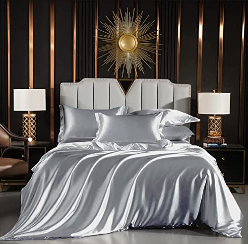 Luofanfei Satin Bettwäsche 135x200cm 4teilig Grau Glänzend Seide Einfarbig Bettbezug Set Glatt Luxus Bettwäsche Set Glanzsatin Polyester Einzelbett mit Reissverschluss und Kissenbezüge 80x80 cm von Luofanfei