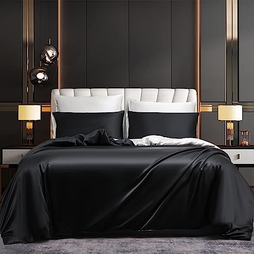 Luofanfei Satin Bettwäsche 135x200cm Schwarz Weiß Glanzsatin Seiden Glatt Sommer Bettwäsche Set Uni Muster Glänzend Luxus Kühlende Bettwäsche-Sets 135 200 Einzelbett mit Reissverschluss von Luofanfei