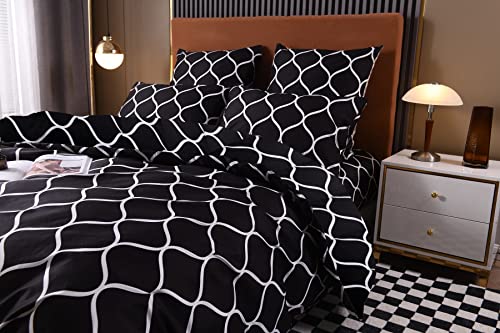 Luofanfei Schwarze Bettwäsche 220x240 Schwarz Weiß Aesthetic Muster Bettwäscheset Gittermuster Bettbezug Doppelbett Set Microfaser Moderne Deckenbezug + 2 Kissenbezüge 80x80 cm mit Reissverschluss von Luofanfei