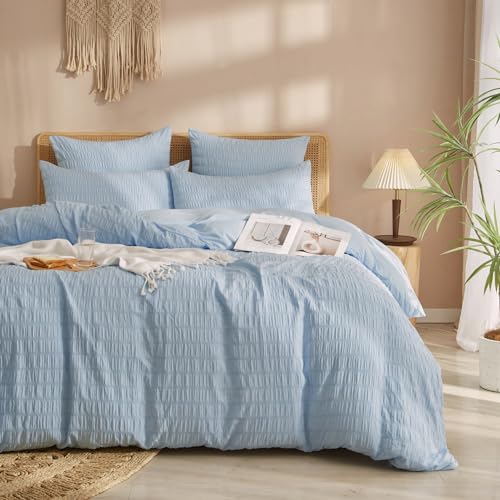 Luofanfei Seersucker Bettwäsche 135 x 200 Blau Hellblau Sommer Uni Wende Bettwäsche Set Microfaser Atmungsaktiv Leicht Bettbezug 135/200 Einzelbett und Kissenbezug 80x80 cm mit Reissverschluss von Luofanfei