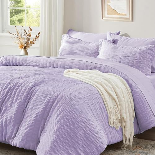 Luofanfei Seersucker Bettwäsche 135x200 4teilig Lila Sommer Gestreift Einfarbig Wende Bettwäsche Set Microfaser Atmungsaktiv Leicht Bettbezüge 135 200 cm Einzelbett und Kissenbezüge 80x80 cm von Luofanfei