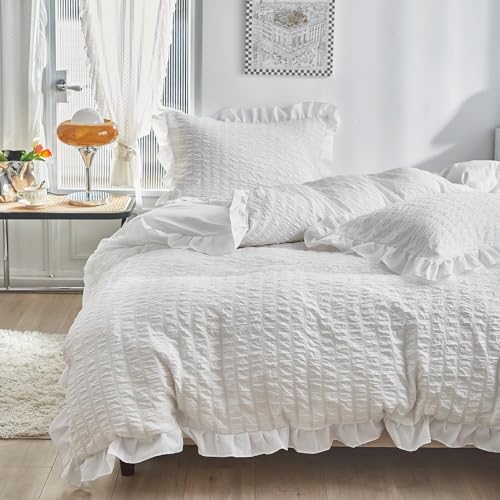 Luofanfei Seersucker Bettwäsche 200x200 Sommer Weiß Uni Weiss Bettwäsche Set Doppelbett mit Rüschen Microfaser Bettbezug 200 x 200cm und Kissenbezüge 80x80 cm mit Reissverschluss von Luofanfei