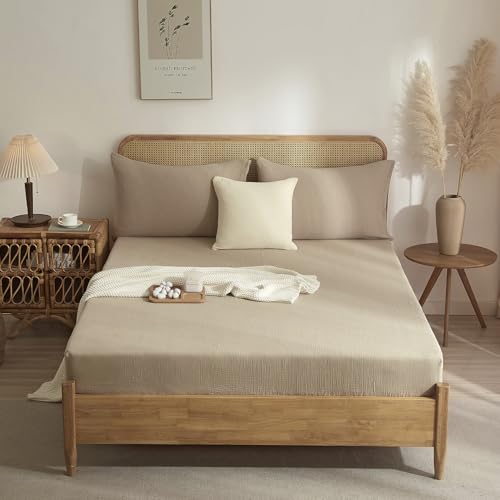 Luofanfei Spannbettlaken 180x200 Muslin Baumwolle Khaki Taupe Boxspringbett Frottee Topper Weich Uni Atmungsaktiv Bettlaken für Hohe Matratze bis 25-30 cm von Luofanfei