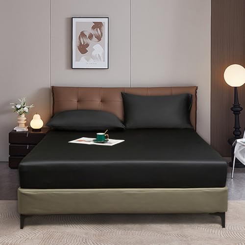 Luofanfei Spannbettlaken 90x200 Schwarz Boxspringbett Frottee Glänzend Sommer Kühlend Bambus Microfaser Bettlaken Uni Spannbetttücher für Hohe Matratze bis 25-30 cm von Luofanfei