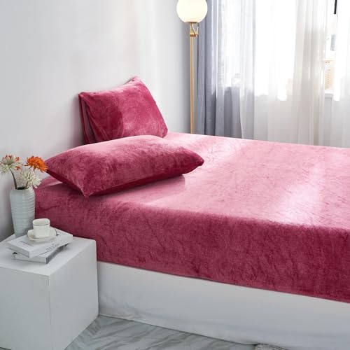 Luofanfei Spannbettlaken Winter Plüsch 100x200cm Rot Rote Extra Warm Flanell Bettlaken Samt Frottee Spannbetttuch Kuschelig Spannbetttücher Leintuch für Boxspringbett Hohe Matratze Steghöhe 25 cm von Luofanfei