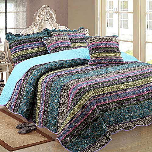 Luofanfei Tagesdecke Bett 230X250 cm Baumwolle Bettüberwurf Boho Sterne Muster überdecke Steppdecke Quilt Tagesdecke Gesteppt Sofaüberwurf Modern Schlafzimmer mit Kissen Set Grün Blau von Luofanfei