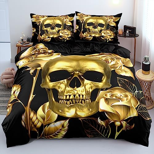 Luofanfei Totenkopf Bettwäsche 135x200 Gothic Schwarz Gold Skull Motiv 3D Effekt Bettwäsche Set Schädel Horror Muster Microfaser Wendebettwäsche Bettbezug Set Zweiteilig Gedruckt von Luofanfei