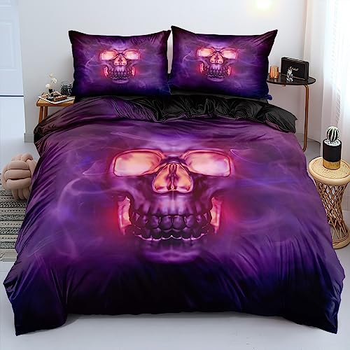 Luofanfei Totenkopf Bettwäsche 135x200 Gothic Skull Motiv Lila Schwarz 3D Effekt Bettwäsche Set Schädel Horror Muster Microfaser Wendebettwäsche Bettbezug Set Zweiteilig Gedruckt von Luofanfei