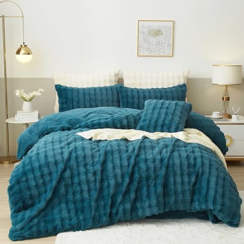 Luofanfei Winter Plüsch Bettwäsche 200x220 Petrol Blau Fleece Warm Flauschig Kuschelig Winterbettwäsche Bettwäsche Set Nicki Microfaser Warme Bettbezug und Kissenbezüge 80x80 cm mit Reißverschluss von Luofanfei