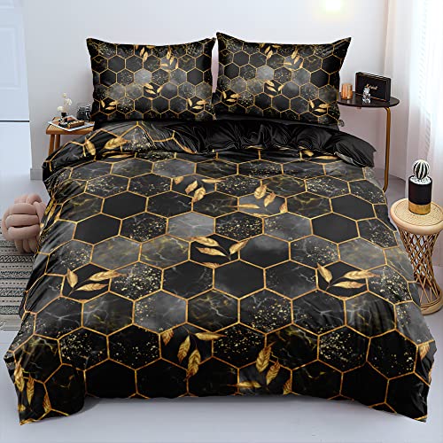 Marmor Bettwäsche 155x220 cm Schwarz Gold Grau Marmor Optik Kariert Muster 3D Wendebettwäsche Set Blätter Marmoriert Aesthetic Microfaser Luxus Moderne Bettbezug 155 220 Einzelbett mit Reißverschluss von Luofanfei