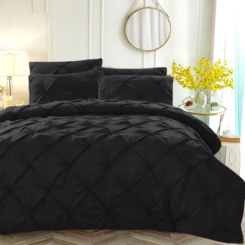 Plissee Bettwäsche 155x220 Schwarz Pinch Pintuck Plisseefalten Bettwäsche Set Quetschfalten Geometrisches Microfaser Aesthetic Modern Bettbezug 155 x 220 und 2 Kissenbezüge 80x80cm mit Reißverschluss von Luofanfei