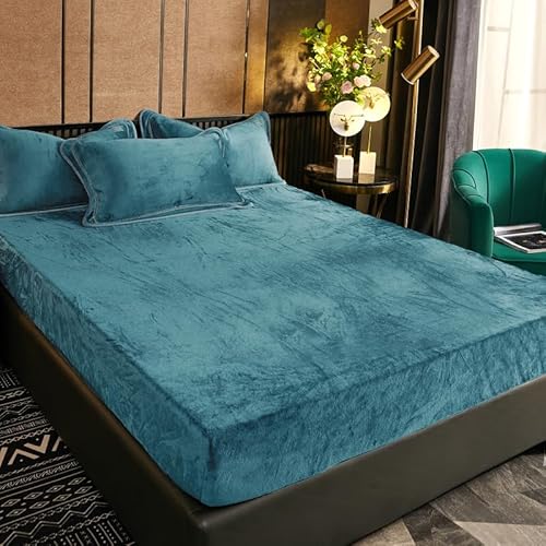 Luofanfei Fleece Spannbettlaken Bettlaken 200x200 Petrol Winter Samt Boxspringbett Warm Frottee Leintuch Boxspringbett Biber Uni Spannleintuch Doppelbett Muster Leintuch für Hohe Matratze von Luofanfei