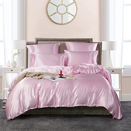 Rosa Bettwäsche 200x200 Satin Glänzend Seide Glatt Bettwäsche Set Doppelbett Luxus Einfarbig Hellrosa Pink Glanzsatin Polyester Bettbezug mit Reissverschluss und Kissenbezüge 80x80 cm von Luofanfei