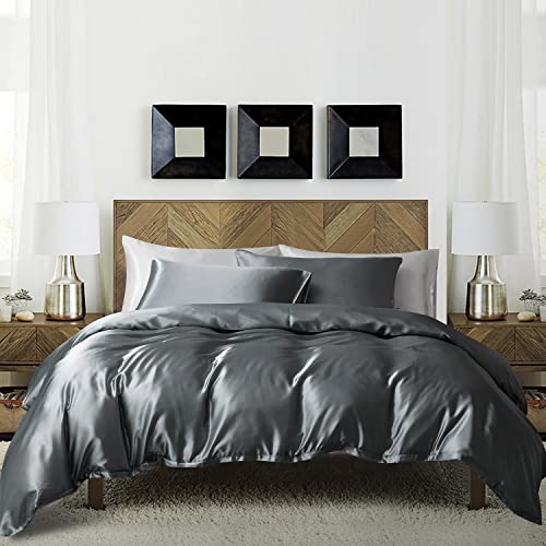 Satin Bettwäsche 135x200cm 4teilig Grau Anthrazit Dunkelgrau Glänzend Seide Glatt Bettbezug Set Luxus Einfarbig Bettwäsche Set Glanzsatin Polyester Einzelbett mit Reissverschluss von Luofanfei