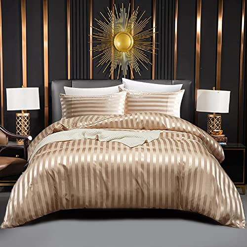 Satin Bettwäsche 200x220cm Glänzend Seiden Gold Braun Bettwäsche Set Uni Gestreifte Bettbezug Doppelbett Set Glatt Luxus Glanzsatin Bettbezug mit Reissverschluss und Kissenbezüge 80x80 cm von Luofanfei