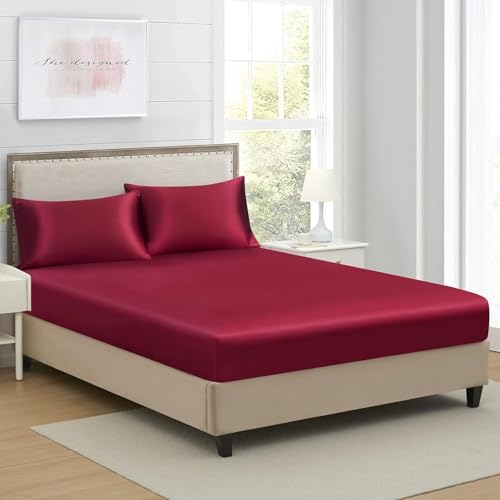 Satin Spannbettlaken 120x200 Weinrot Rot Boxspringbett Frottee Topper Muster Bettlaken Seide Glänzend Spannbetttuch 120 x 200 Uni Spannbetttücher für Hohe Matratze bis 25-30 cm von Luofanfei