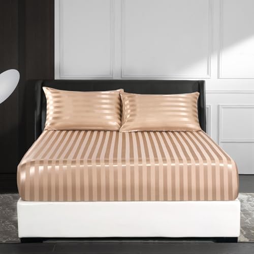 Satin Spannbettlaken 140x200 cm Boxspringbett Glanzsatin Gold Braun Glänzend Kühlende Luxus Muster Topper Bettlaken Glatt Seide Spannbetttücher Leintuch 140 x 200 Hohe Matratze bis 25-30 cm von Luofanfei