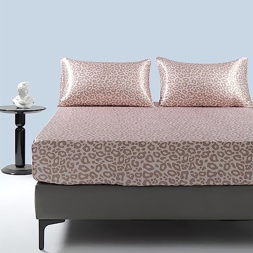 Satin Spannbettlaken 140x200cm Rosa Pink Leopardenmuster Glänzend Seide Boxspringbett Bettlaken Altrosa Spannbetttuch 140 x 200 Leopard-Druck Spannbetttücher Leintuch für Hohe Matratze bis 25-30 cm von Luofanfei