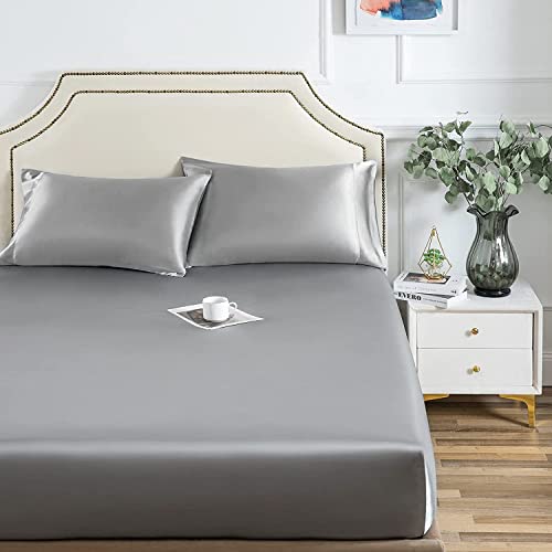 Satin Spannbettlaken 90x200 Silber Grau Hellgrau Boxspringbett Bettlaken Glänzend Seide Spannbetttuch 90 x 200 Uni Muster Hochwertiges Spannbetttücher für Matratze Hohe bis 25-30 cm von Luofanfei