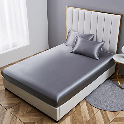 Satin Spannbettlaken Bettlaken 160x200 Dunkelgrau Grau Boxspringbett Leintuch Satin Glänzend Seide Spannbetttuch Uni Muster Hochwertiges Spannbetttücher für Matratze Hohe bis 25-30 cm von Luofanfei