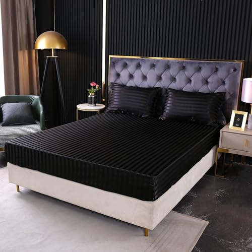 Satin Spannbettlaken Boxspringbett 140x200 cm Glänzend Schwarz Glanzsatin Kühlende Luxus Muster Topper Bettlaken Glatt Seide Spannbetttücher Leintuch 140 x 200 Hohe Matratze bis 25-30 cm von Luofanfei