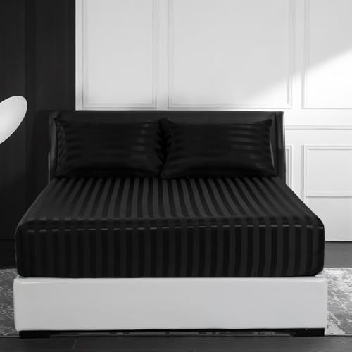 Satin Spannbettlaken Boxspringbett 200x200 cm Glänzend Schwarz Glanzsatin Kühlende Luxus Muster Topper Bettlaken Glatt Seide Spannbetttücher Leintuch 200 x 200 Hohe Matratze bis 25-30 cm von Luofanfei