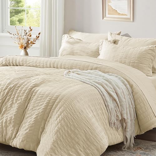 Luofanfei Seersucker Bettwäsche 200x200 Beige Khaki Sommer Gestreift Uni Wende Bettwäsche Set Doppelbett Microfaser Atmungsaktiv Leicht Bettbezug und Kissenbezüge 80x80 cm mit Reissverschluss von Luofanfei