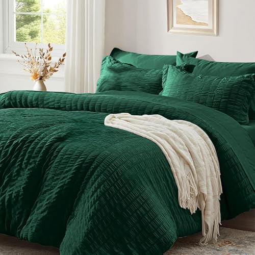 Luofanfei Seersucker Bettwäsche 200x200 Grün Dunkelgrün Sommer Gestreift Uni Wende Bettwäsche Set Doppelbett Microfaser Atmungsaktiv Leicht Bettbezug und Kissenbezüge 80x80 cm mit Reissverschluss von Luofanfei