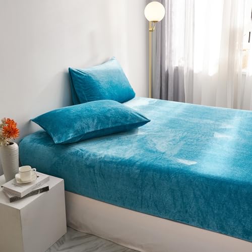 Spannbettlaken 180x200 Boxspringbett Winter Flauschig Warm Flanell Seeblau Blau Warme Kuschelige Plüsch Bettlaken Frottee Fleece Spannleintuch 180 x 200 Leintuch Uni Bettspanntuch für Hohe Matratze von Luofanfei