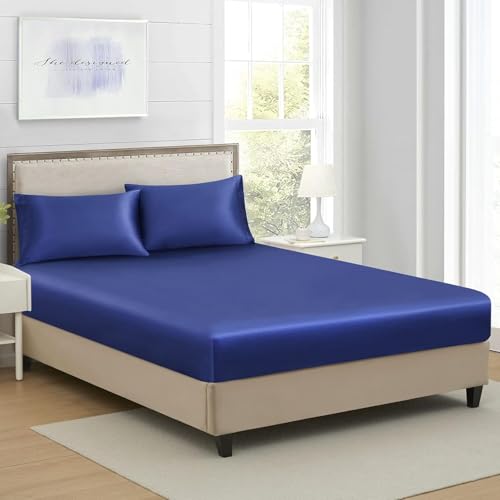 Luofanfei Spannbettlaken 180x200 Satin Blau Uni Muster Boxspringbett Topper Frottee Satin Seide Glänzend Bettlaken Spannbetttuch 180 x 200 cm Spannbetttücher für Hohe Matratze bis 25-30 cm von Luofanfei