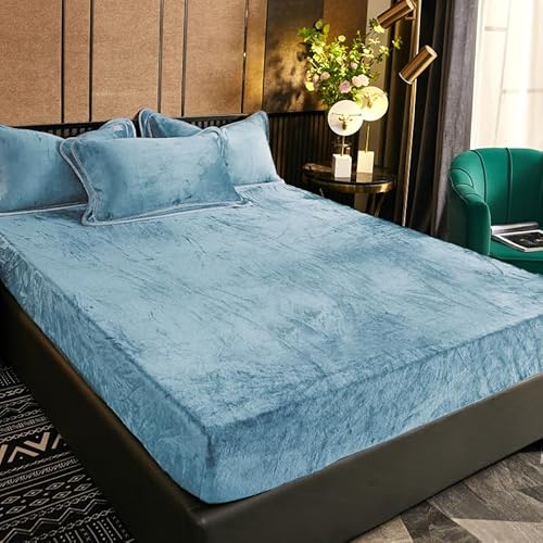 Winter Leintuch 180x200 Hellblau Blau Plüsch Warme Kuschelige Spannbettlaken Bettlaken Boxspringbett Frottee Samt Spannleintuch 180 x 200 Doppelbett Uni Bettspanntuch für Hohe Matratze von Luofanfei