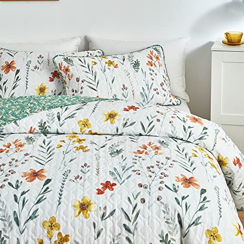 Tagesdecke 200x220 cm Baumwolle Weiss Blumen Bettüberwurf Bett Floral Bunt Stil Muster überdecke Steppdecke Quilt Gesteppt Sofaüberwurf Couch Vintage Schlafzimmer für Doppelbetten mit Kissenbezüge Set von Luofanfei