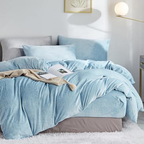 Luofanfei Warme Flauschige Bettwäsche 135x200 Blau Cashmere Touch Fleece Plüsch Bettwäsche 135 x 200 Frottee Nicki Samt Thermo Weiche Hellblau Uni Microfaser Fleece Winterbettwäsche Set von Luofanfei