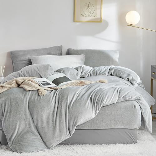 Warme Plüsch Kuschel Bettwäsche 135x200 4teilig Flauschig Winter Grau Cashmere Touch Fleece Bettwäsche 135 x 200 Frottee Nicki Samt Thermo Weiche Hellgrau Uni Microfaser Winterbettwäsche Set von Luofanfei