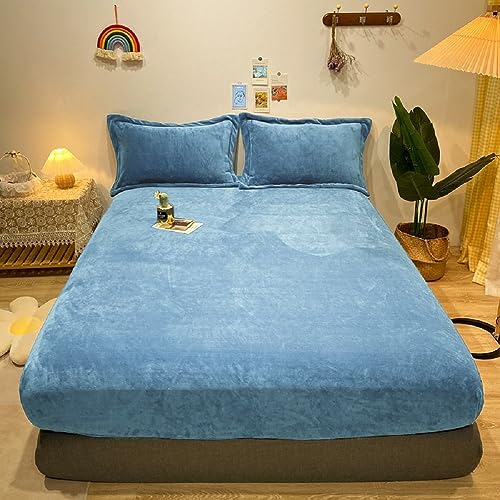 Warme Winter Spannbettlaken Bettlaken Fleece 160x200 Blau Hellblau Flausch Cashmere Touch Teddy Plüsch Flanell Kuschelige Flauschige Bett Spannbetttuch für Boxspringbetten Topper 30 cm Hohe Matratzen von Luofanfei