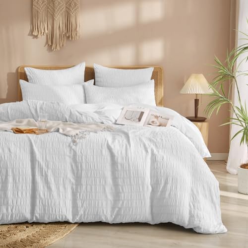 Luofanfei Weiße Bettwäsche Seersucker 200x200 Weiß Uni Sommer Microfaser Wende Bettwäsche Set Doppelbett Atmungsaktiv Leicht Kühlende Weiss Bettbezug und Kissenbezüge 80x80 cm mit Reissverschluss von Luofanfei
