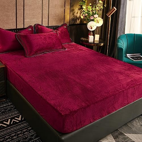 Luofanfei Winter Fleece Spannbettlaken 160x200cm Rot Weinrot Samt Warm Kuschel Boxspringbett Frottee Bettlaken Biber Spannbetttuch Uni Muster Spannbetttücher für Hohe Matratze Steghöhe 25-30cm von Luofanfei