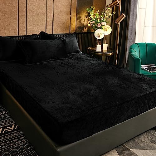 Luofanfei Winter Fleece Spannbettlaken 90x200cm Schwarz Samt Warm Kuschel Boxspringbett Frottee Bettlaken Biber Spannbetttuch Uni Muster Spannbetttücher 90 x 200 für Hohe Matratze Steghöhe 25-30cm von Luofanfei
