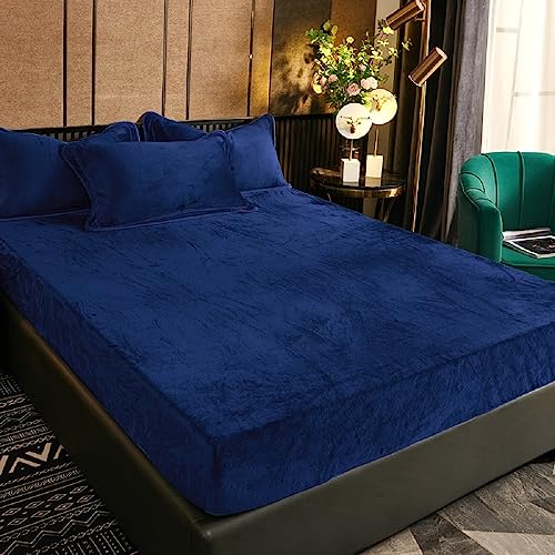 Luofanfei Winter Plüsch Spannbettlaken 200x200cm Boxspringbett Samt Blau Dunkelblau Warm Kuschel Frottee Bettlaken Spannbetttuch Uni Muster Spannbetttücher für Hohe Matratze Steghöhe 25-30cm von Luofanfei