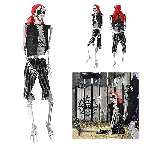 165 cm lebensgroßes Skelett mit Piratenkostüm, Halloween-Skelett, Ganzkörper-Skelett, große menschliche Knochen, realistisches Kunststoff-Skelett mit beweglichen Gelenken für Halloween-Pose, von Luojuny