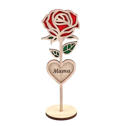 Luojuny Hölzerne Rose Dekor Muster Ornament Holz Mama Dekoration mit Stabiler runder Basis 3D Geschnitzte Blume Desktop Romantischer Muttertag Rose von Luojuny