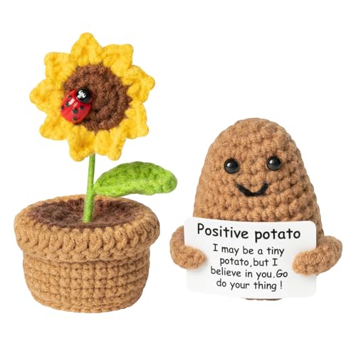 Luojuny Positive Kartoffel-tröstende Puppe, gehäkelte Verzierung, Topf-Sonnenblume, Cartoon-Spielzeug-Set, Lebensgemüse-Puppen für Stressabbau, Komfort, handgemachtes Stricken 1 Satz von Luojuny