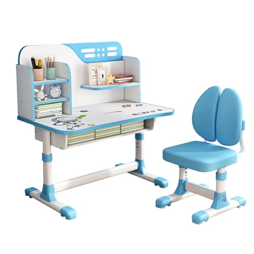 Luojuny Schreibtisch- und Stuhl-Set für Kinder, höhenverstellbar, mit Astronauten-Muster, ergonomischer Schreibtischstuhl mit großer Schreibtafel, Bücherregal und Schublade, Rosa, Blau, 2-teiliges Set von Luojuny
