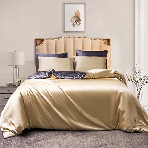 Damier Bettwäsche 135x200cm 4 teilig Satin Glänzend Beige Grau Wendebettwäsche Set Seidig Glatt Bettbezug mit Reißverschluss und 2 Kissenbezüge 80 × 80 cm von Luowei