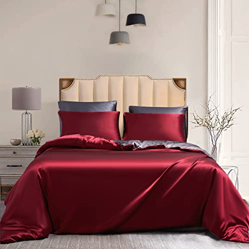 Damier Bettwäsche 135x200cm 4 teilig Satin Glänzend Rot Grau Wendebettwäsche Set Seidig Glatt Bettbezug mit Reißverschluss und 2 Kissenbezüge 80 × 80 cm von Luowei