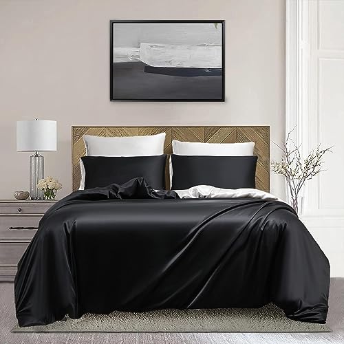 Damier Bettwäsche 135x200cm 4 teilig Satin Glänzend Schwarz Weiß Wendebettwäsche Set Seidig Glatt Bettbezug mit Reißverschluss und 2 Kissenbezüge 80 × 80 cm von Luowei