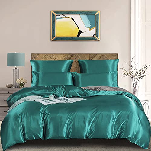 Damier Satin Bettwäsche 135x200cm Türkis Grau Glanzsatin Wendebettwäsche Glatt Glänzend Seidig Luxus Bettbezug Set mit Reißverschluss und Kissenbezug 80 × 80 cm von Luowei