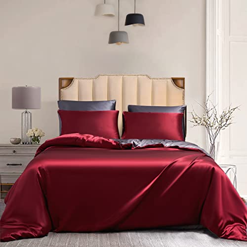 Damier Satin Bettwäsche 220x240cm Rot Grau Glanzsatin Wendebettwäsche Set Seidig Glänzend Luxus Bettbezug mit Reißverschluss und 2 Kissenbezüge 80 × 80 cm von Luowei